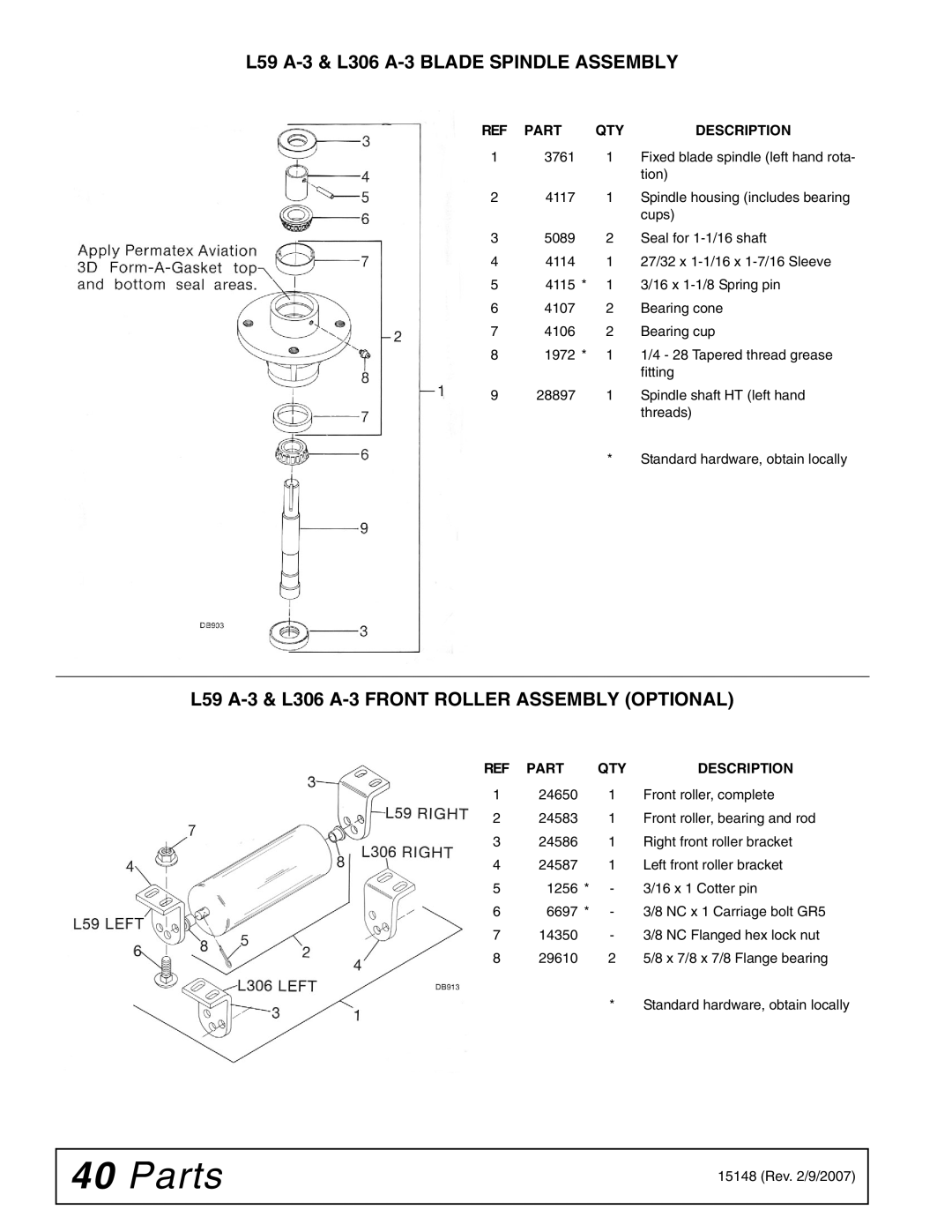 Woods Equipment L59A-3 manual L59 A-3 & L306 A-3 Blade Spindle Assembly, L59 A-3 & L306 A-3 Front Roller Assembly Optional 