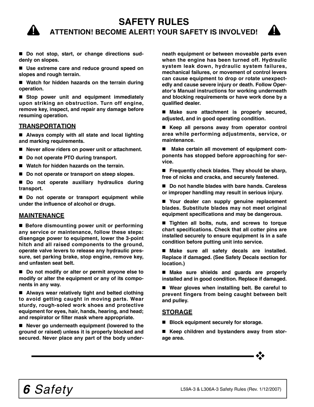 Woods Equipment L59A-3, L306A-3 manual Transportation, Maintenance, Storage 