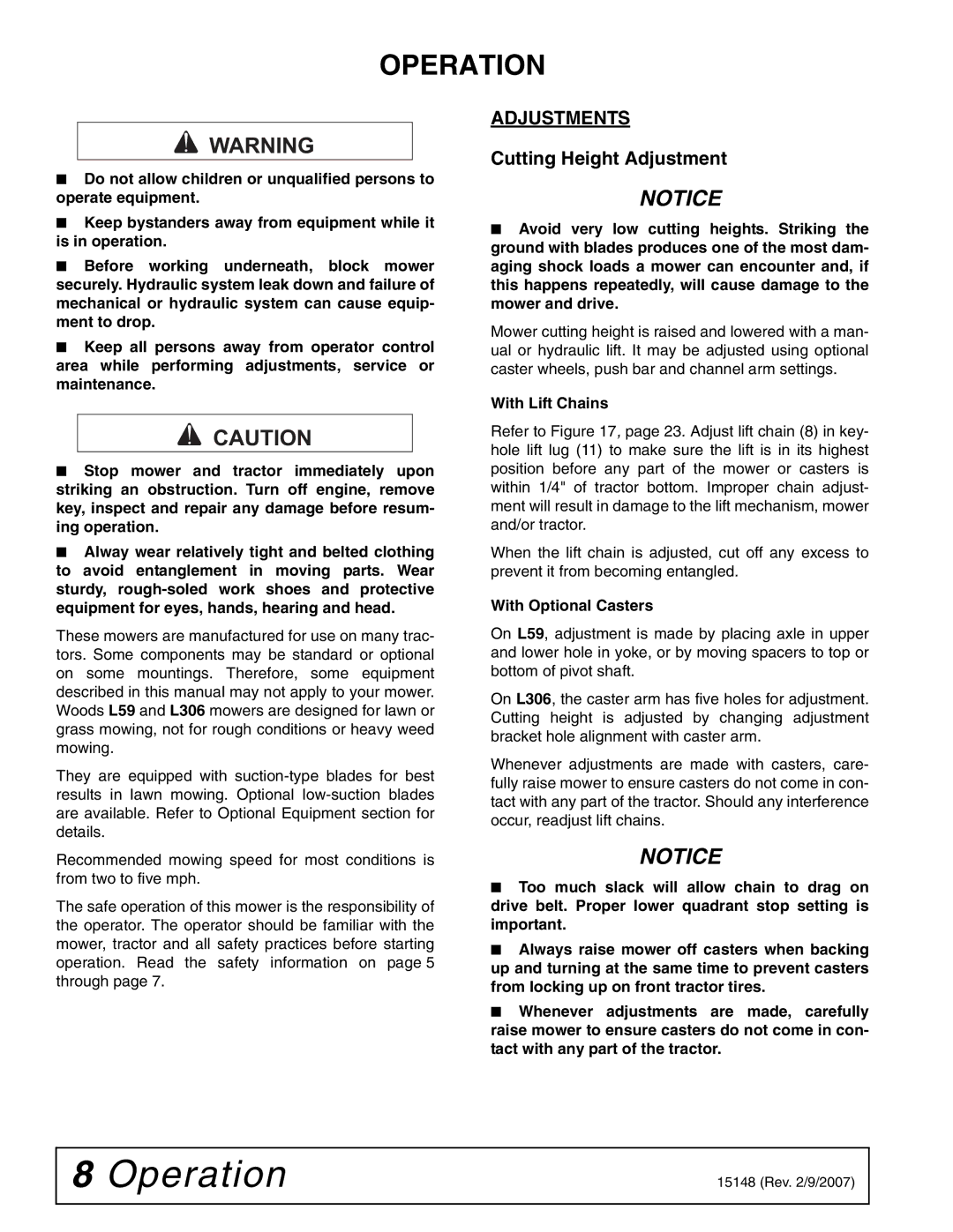 Woods Equipment L59A-3, L306A-3 manual Operation, Adjustments, Cutting Height Adjustment 