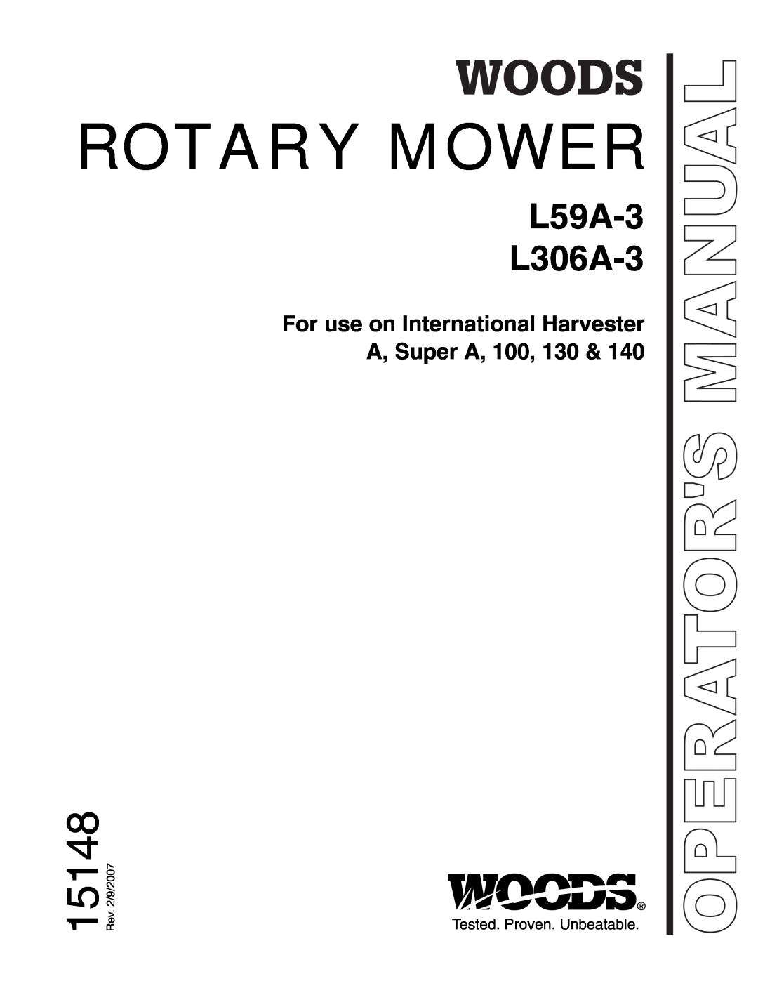 Woods Equipment manual For use on International Harvester A, Super A, 100, Rotary Mower, 15148, L59A-3 L306A-3 