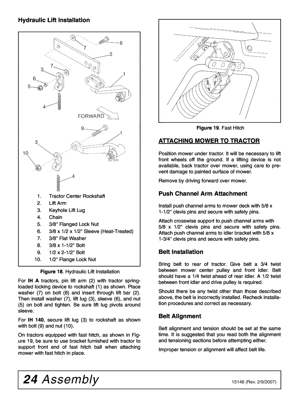 Woods Equipment L59A-3 Assembly, Hydraulic Lift Installation, Attaching Mower To Tractor, Push Channel Arm Attachment 