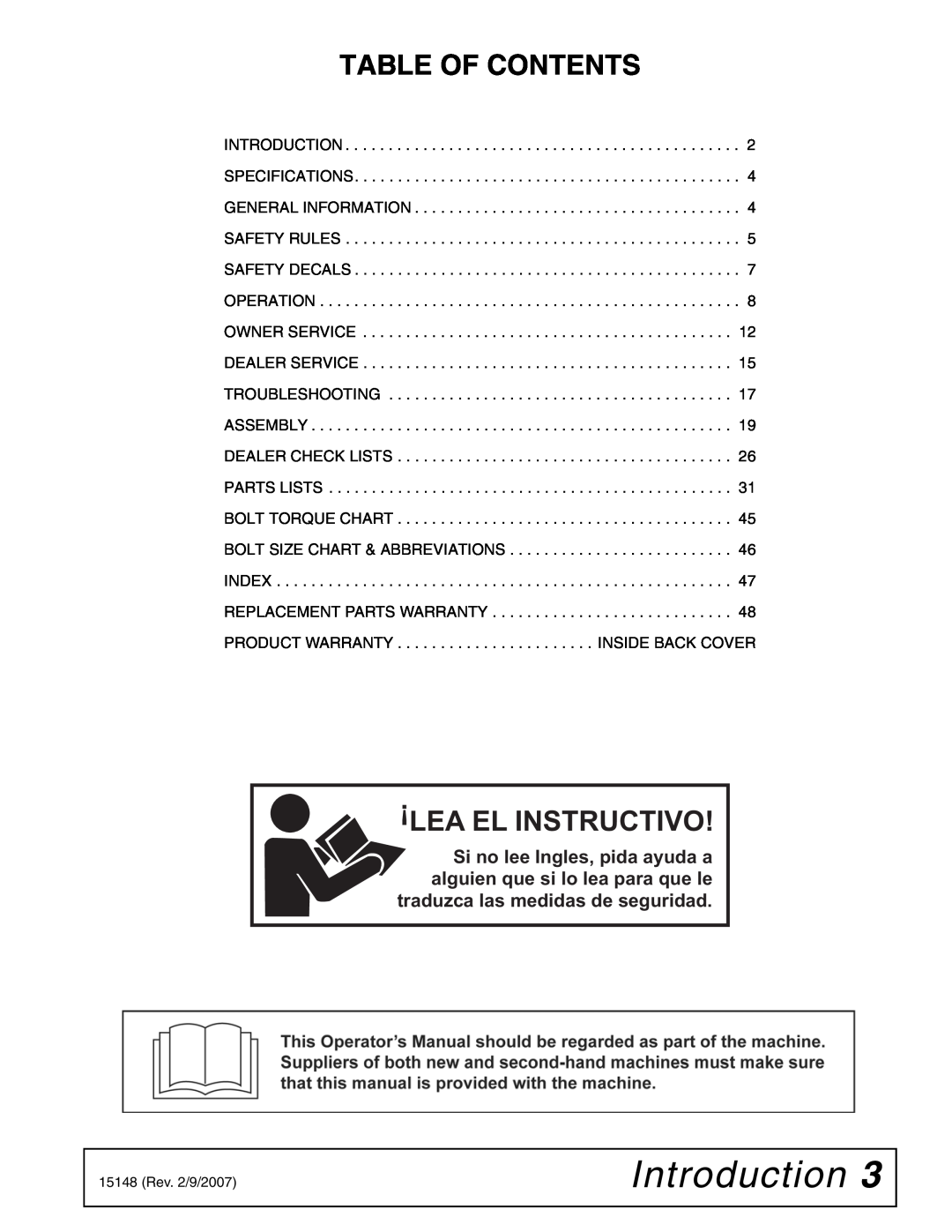Woods Equipment L306A-3, L59A-3 manual Introduction, Table Of Contents, Lea El Instructivo 