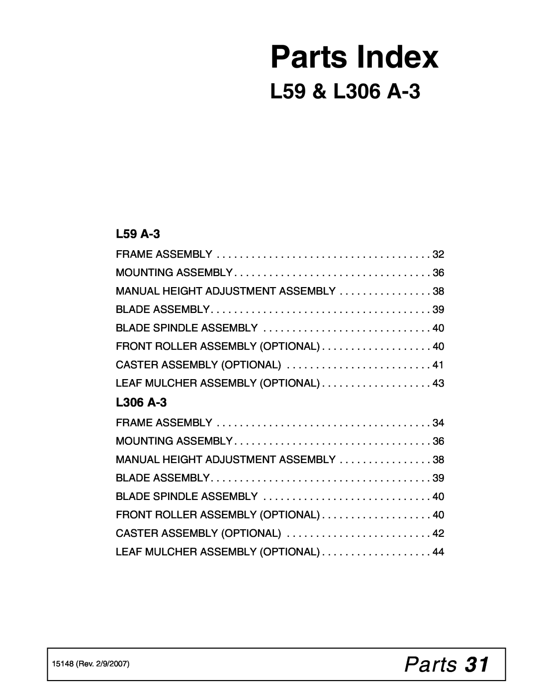 Woods Equipment L306A-3, L59A-3 manual L59 A-3, Parts Index, L59 & L306 A-3 