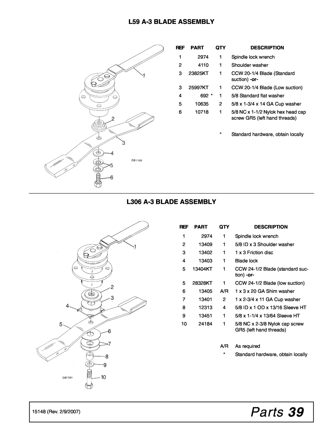 Woods Equipment L306A-3, L59A-3 manual L59 A-3 BLADE ASSEMBLY, L306 A-3 BLADE ASSEMBLY, Parts 