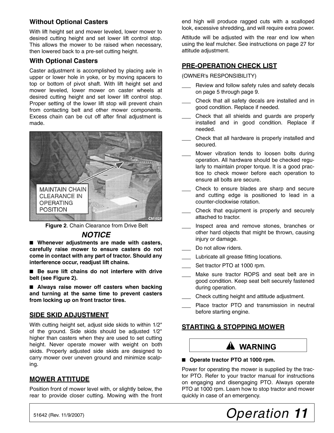 Woods Equipment L59KR17-1 manual Side Skid Adjustment, Mower Attitude, PRE-OPERATION Check List, Starting & Stopping Mower 