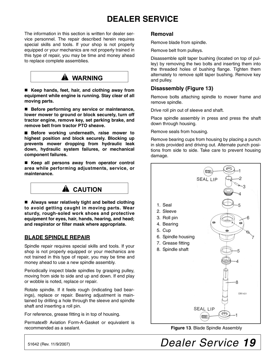 Woods Equipment L59KR17-1 manual Dealer Service, Blade Spindle Repair, Removal, Disassembly Figure 