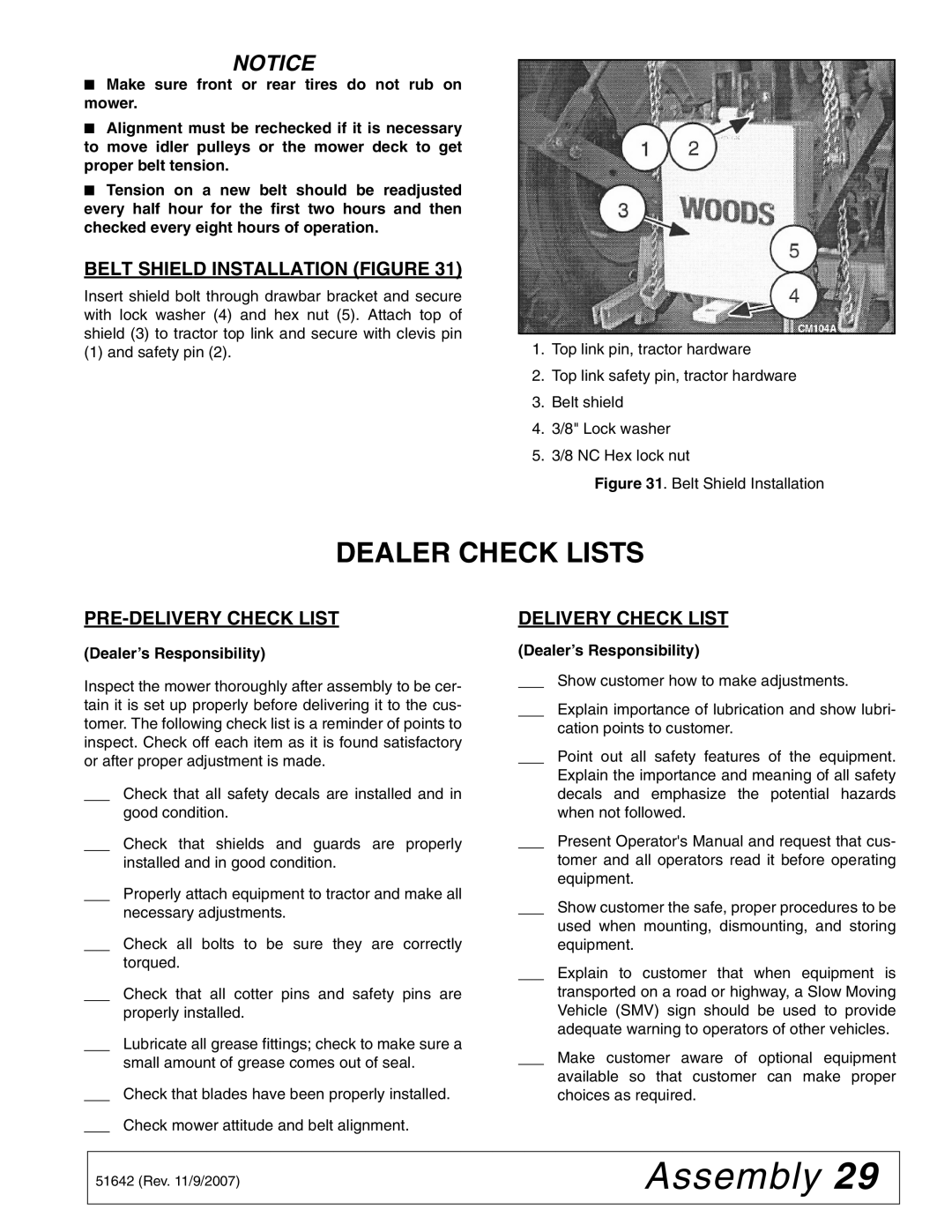 Woods Equipment L59KR17-1 manual Dealer Check Lists, Belt Shield Installation Figure, PRE-DELIVERY Check List 