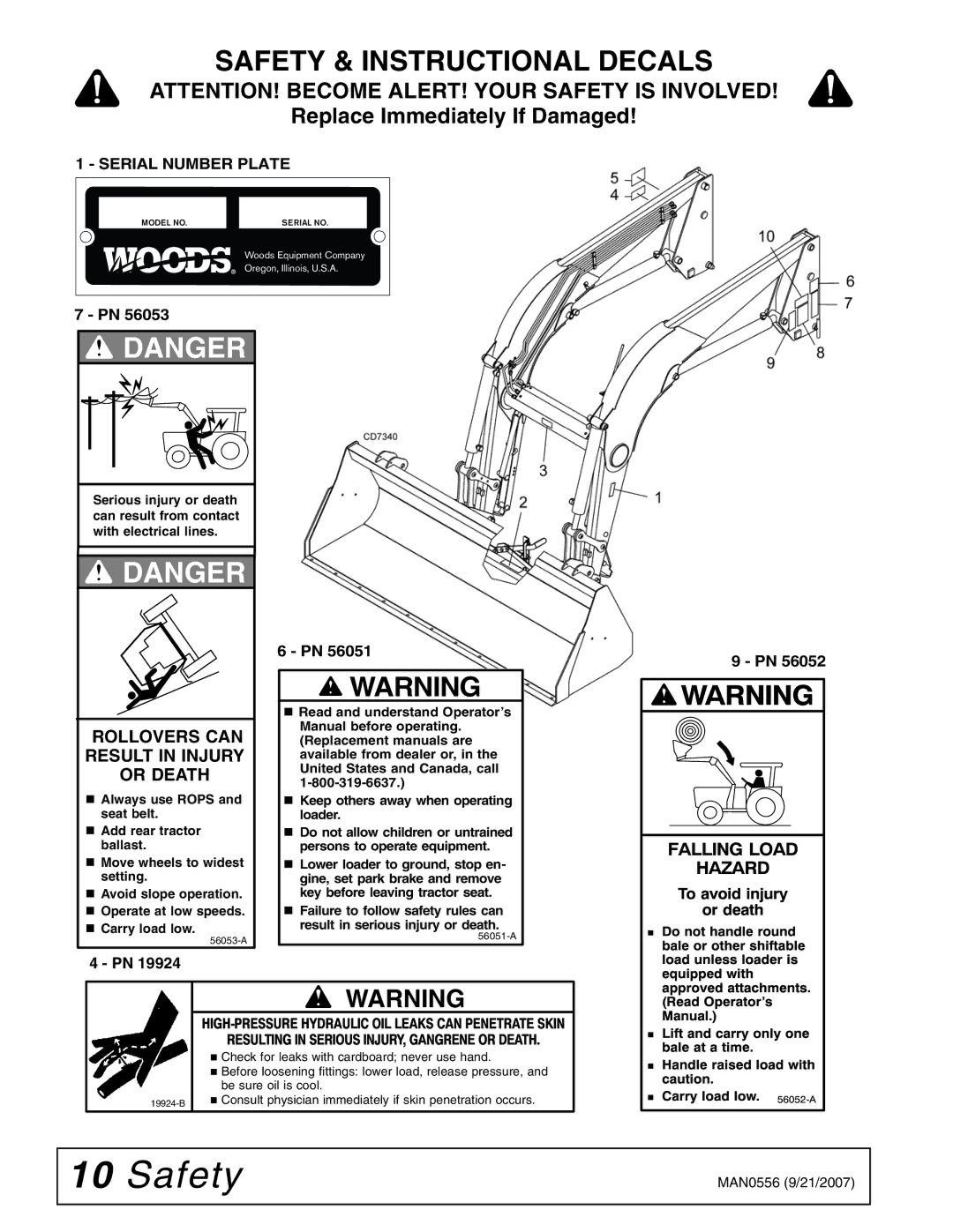 Woods Equipment LF156, LF138 manual Safety & Instructional Decals, Serial Number Plate 