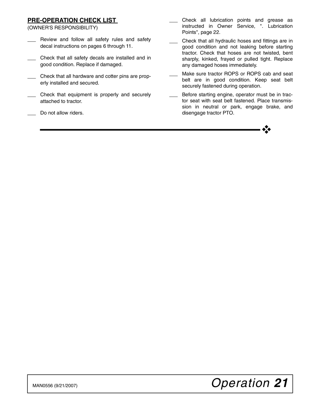 Woods Equipment LF138, LF156 manual PRE-OPERATION Check List, Owners Responsibility 