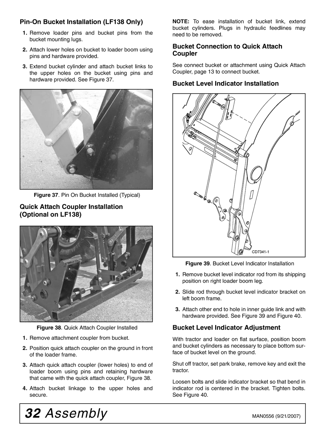 Woods Equipment LF156 manual Pin-On Bucket Installation LF138 Only, Quick Attach Coupler Installation Optional on LF138 