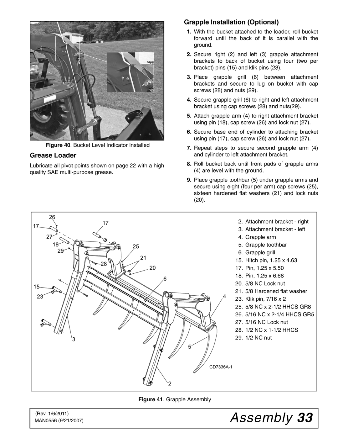 Woods Equipment LF138, LF156 manual Grapple Installation Optional, Grease Loader 