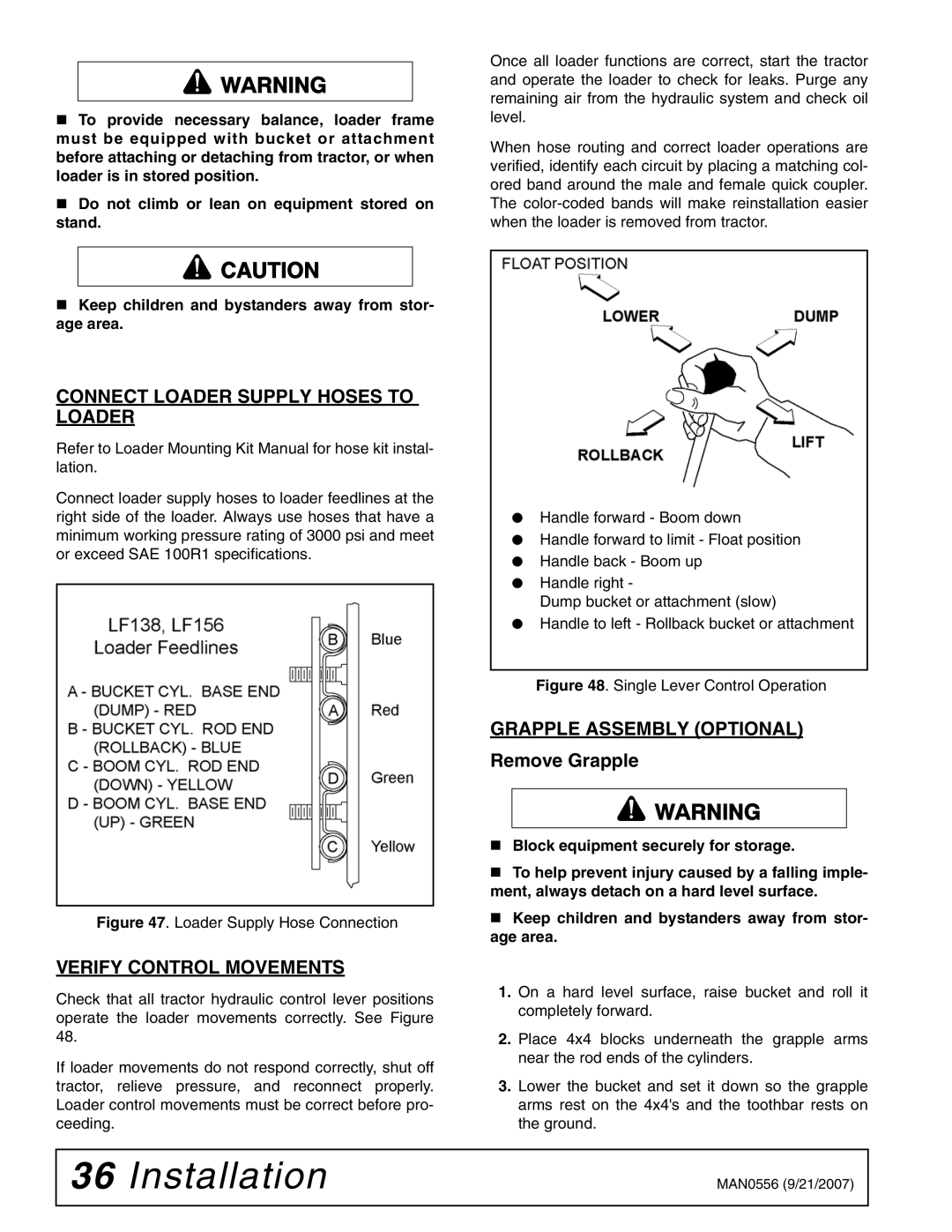 Woods Equipment LF156, LF138 Connect Loader Supply Hoses to Loader, Verify Control Movements, Grapple Assembly Optional 