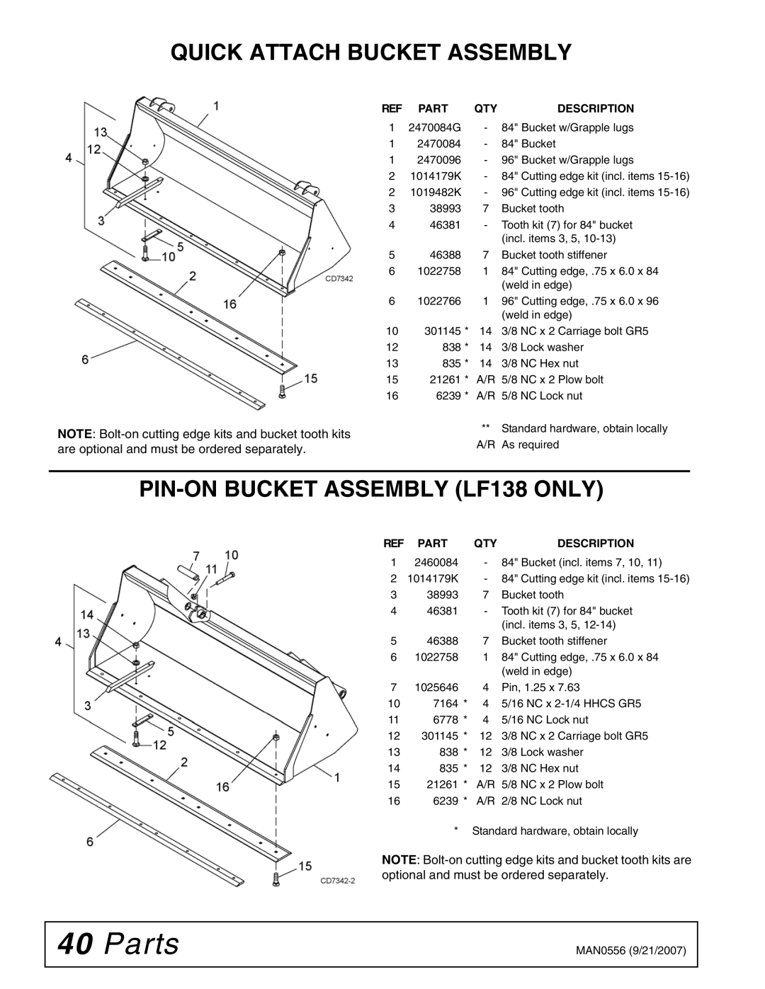 Woods Equipment LF156 manual Quick Attach Bucket Assembly, PIN-ON Bucket Assembly LF138 only 