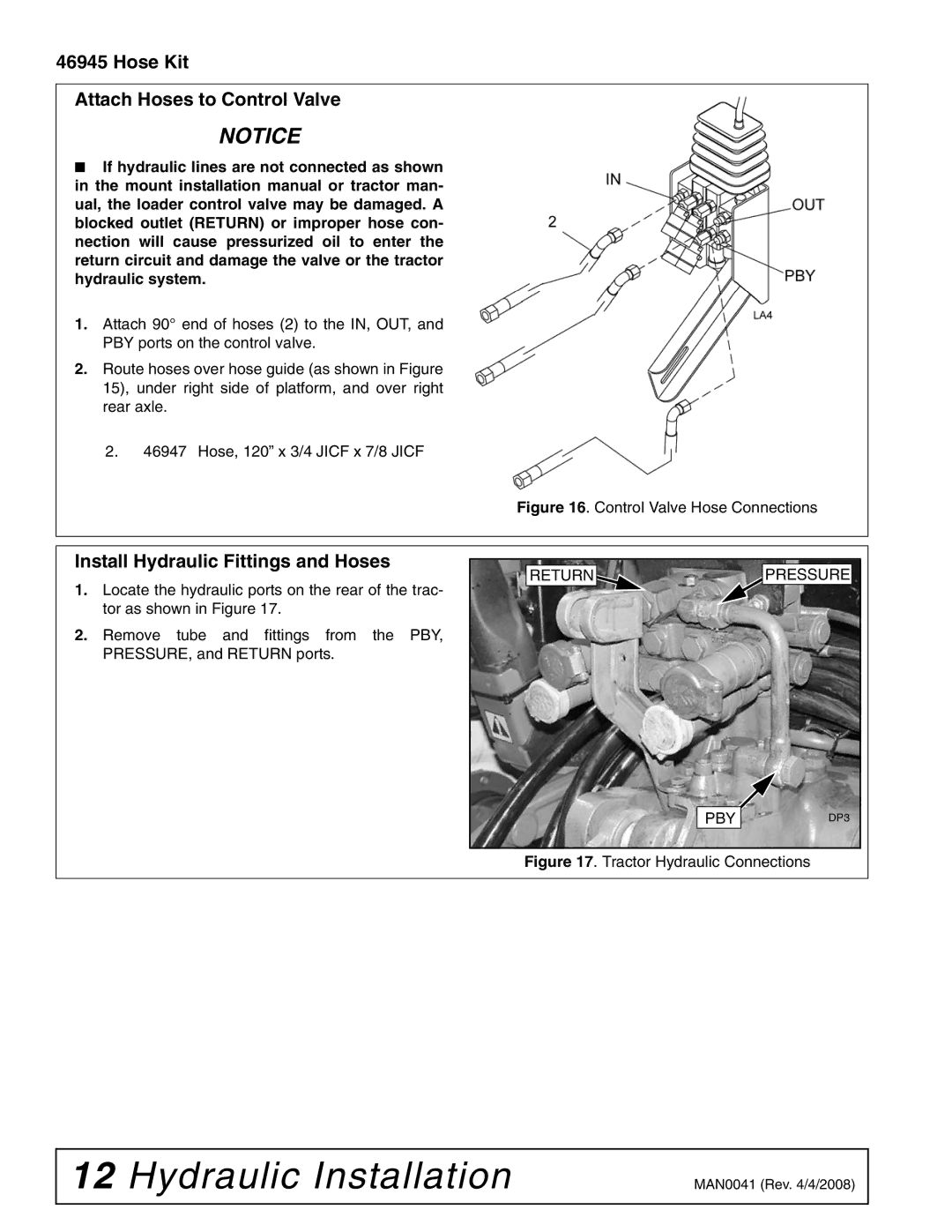 Woods Equipment LU126 installation manual Hose Kit Attach Hoses to Control Valve, Install Hydraulic Fittings and Hoses 