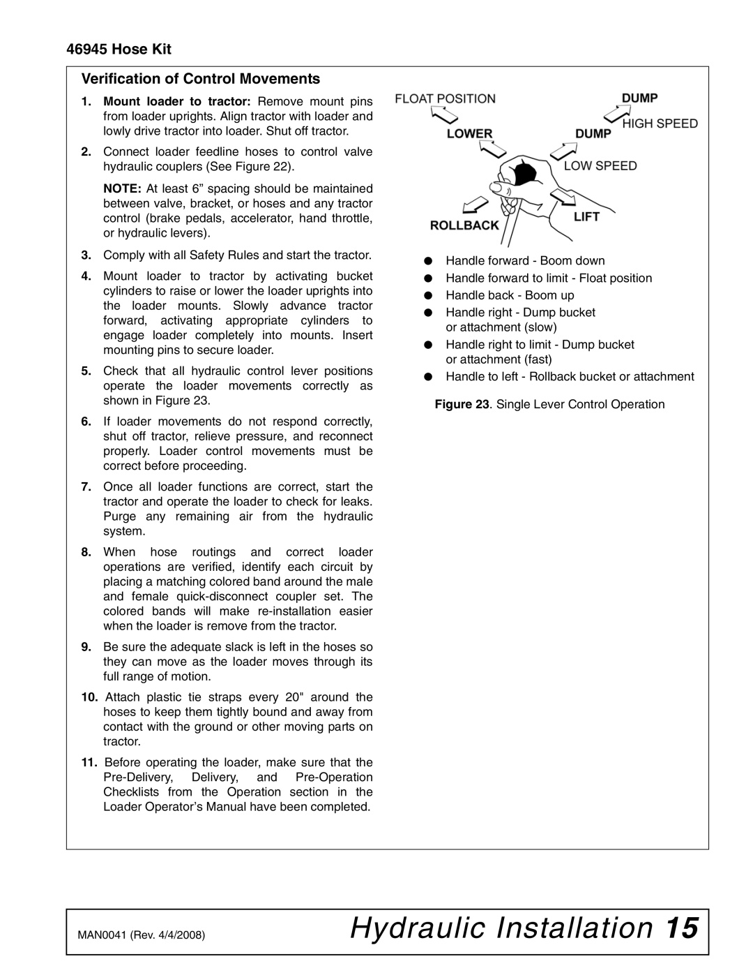 Woods Equipment LU126 installation manual Hose Kit Verification of Control Movements, Single Lever Control Operation 