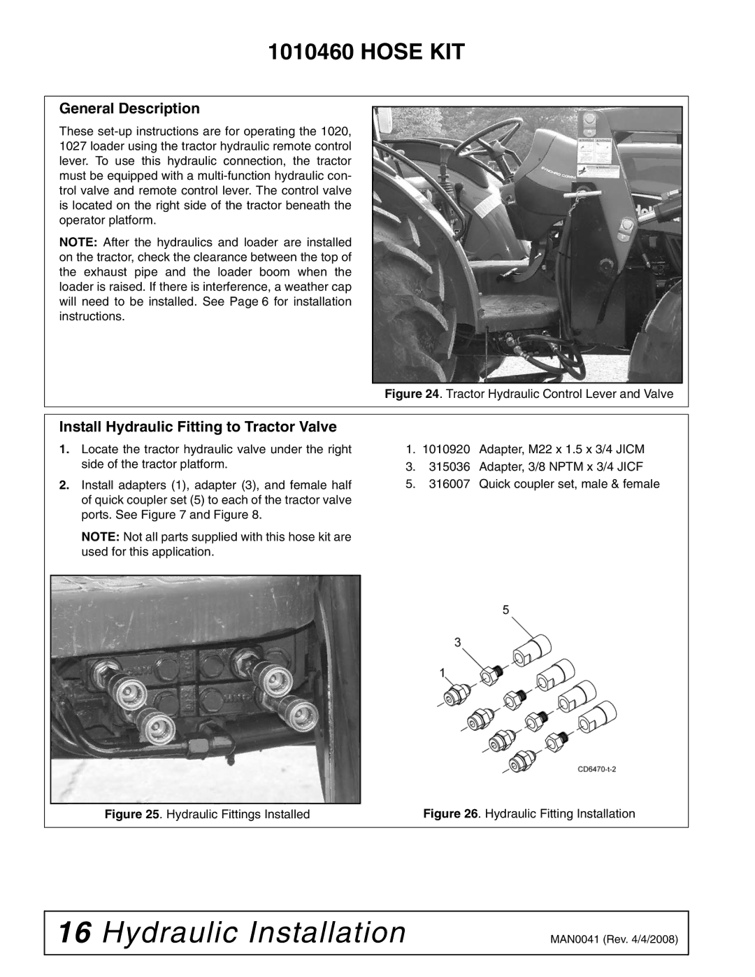 Woods Equipment LU126 Install Hydraulic Fitting to Tractor Valve, Tractor Hydraulic Control Lever and Valve 