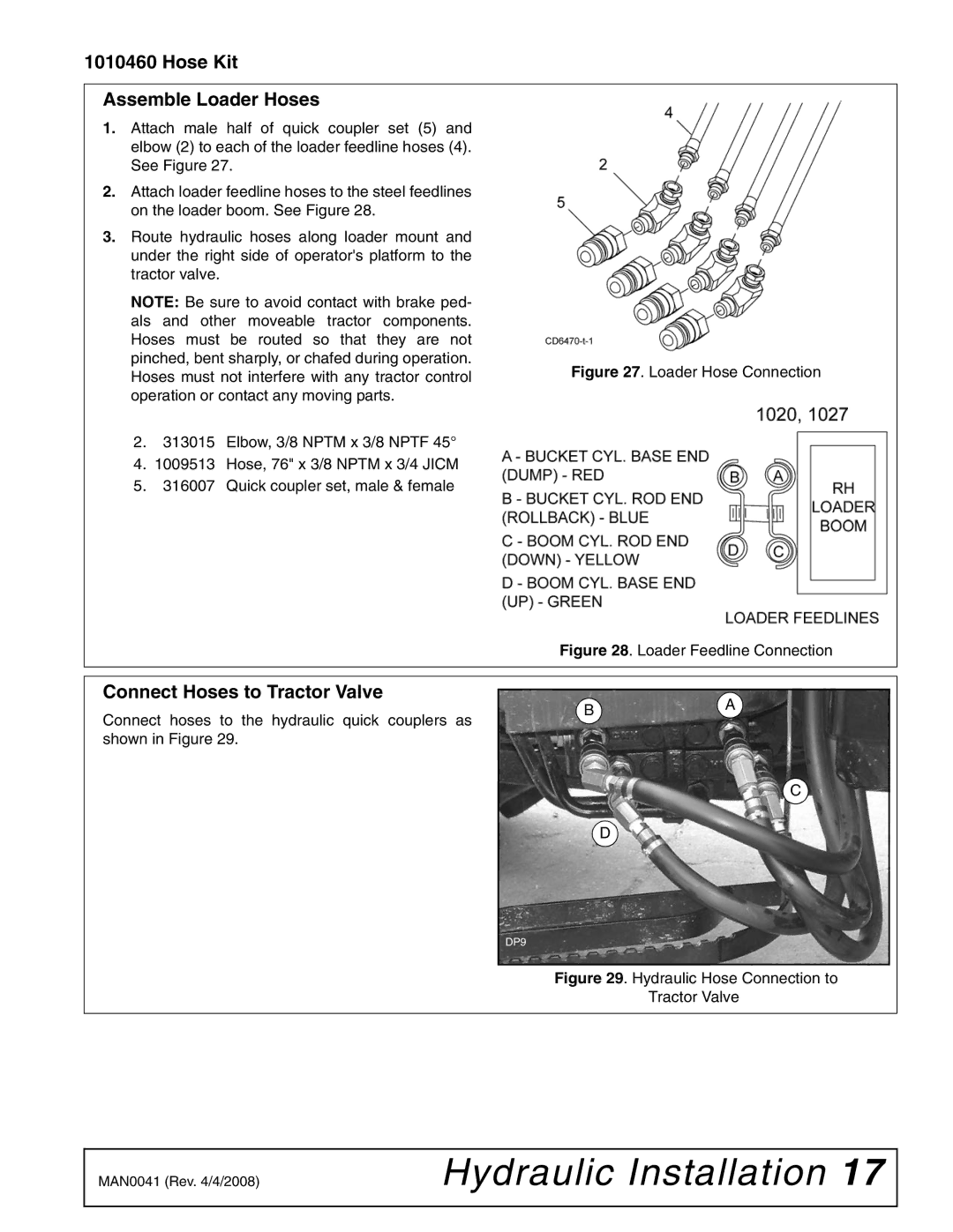 Woods Equipment LU126 installation manual Hose Kit Assemble Loader Hoses, Connect Hoses to Tractor Valve 