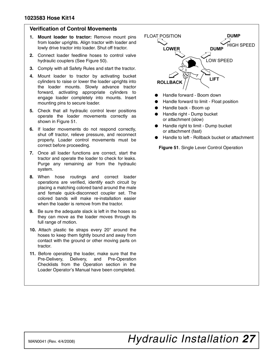 Woods Equipment LU126 installation manual Hose Kit14 Verification of Control Movements, Single Lever Control Operation 