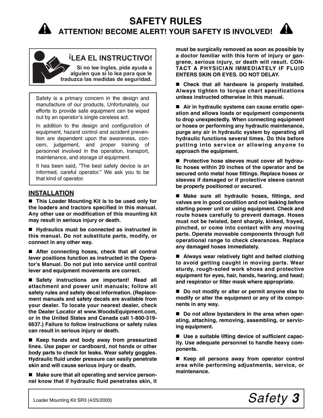 Woods Equipment LU126 installation manual Safety Rules 