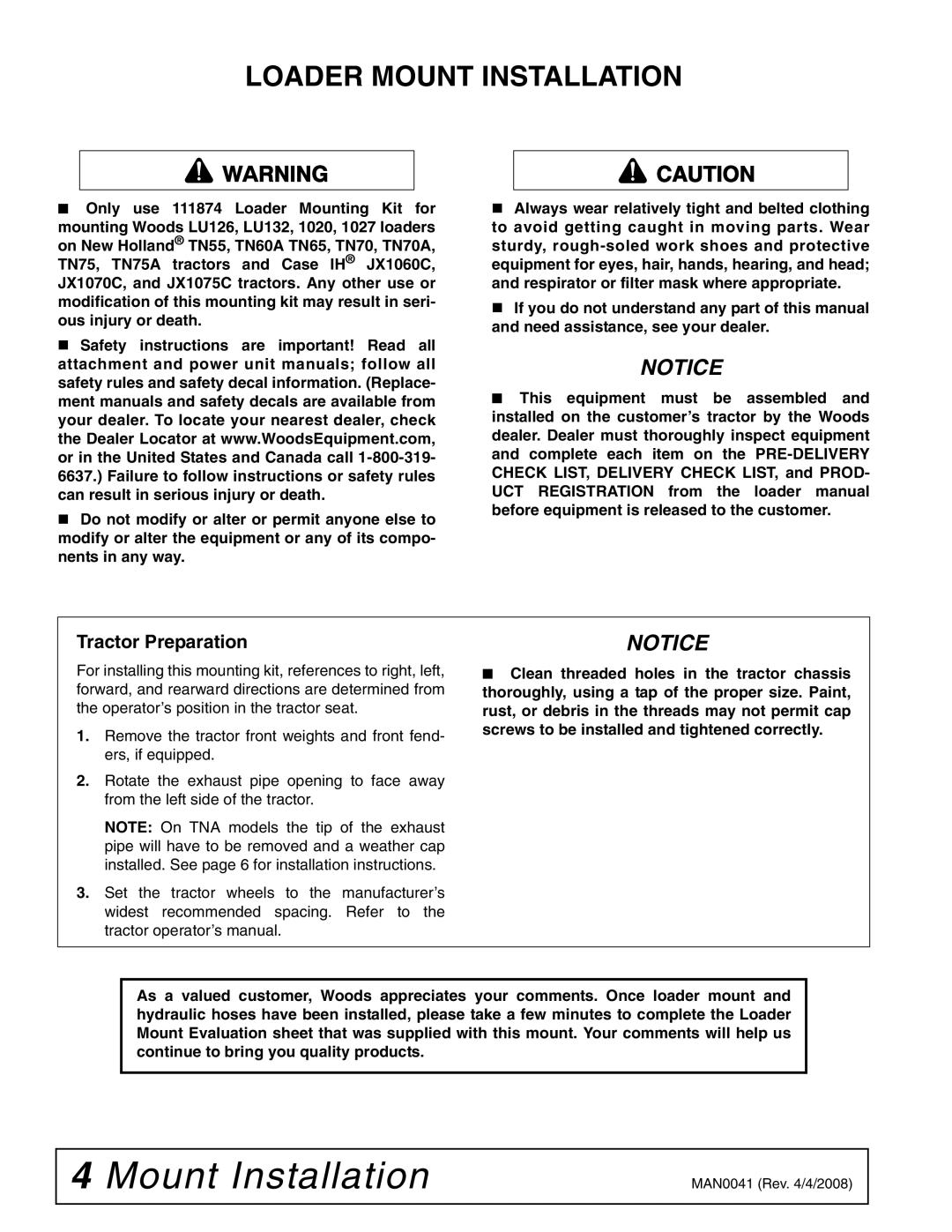 Woods Equipment LU126 installation manual Loader Mount Installation, Tractor Preparation 