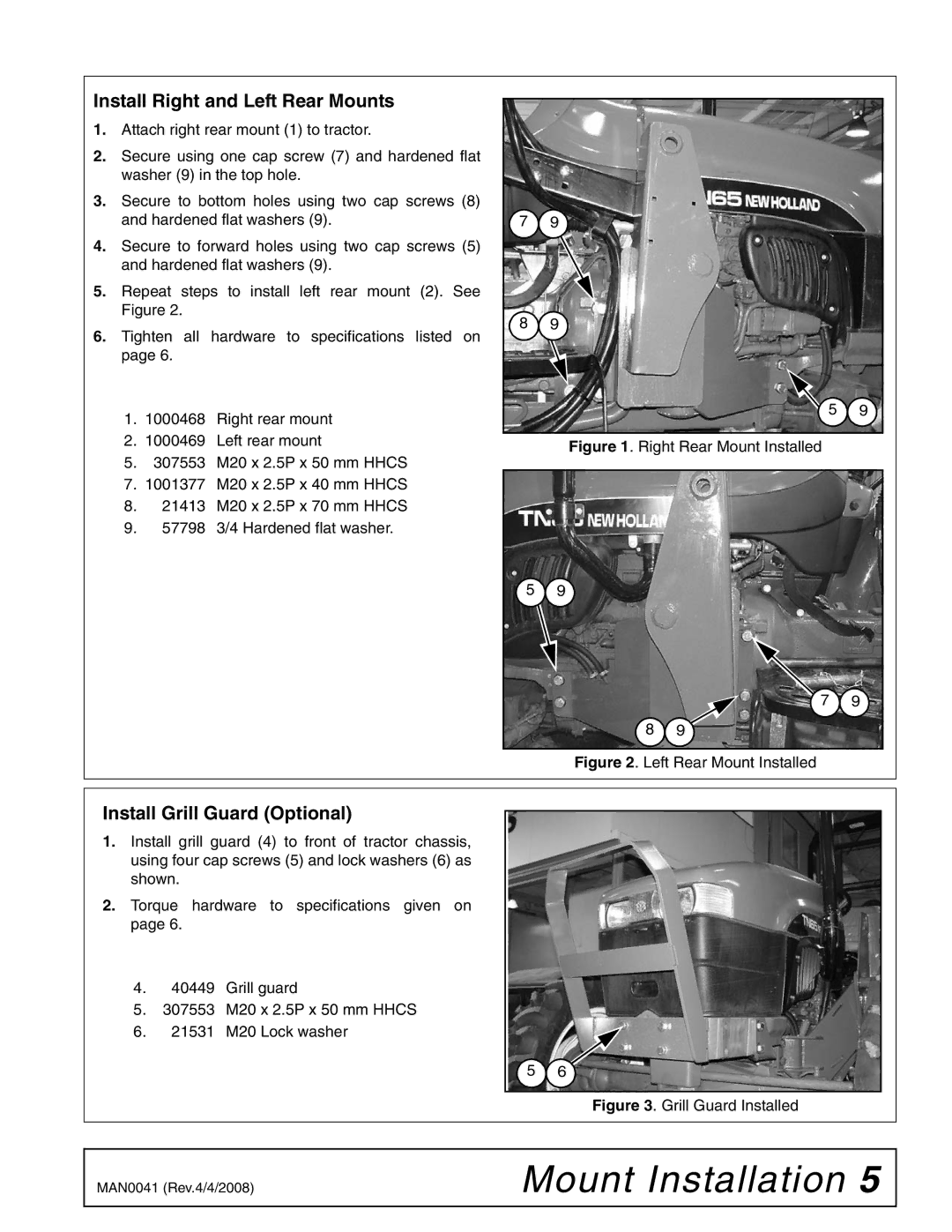 Woods Equipment LU126 installation manual Install Right and Left Rear Mounts, Install Grill Guard Optional 