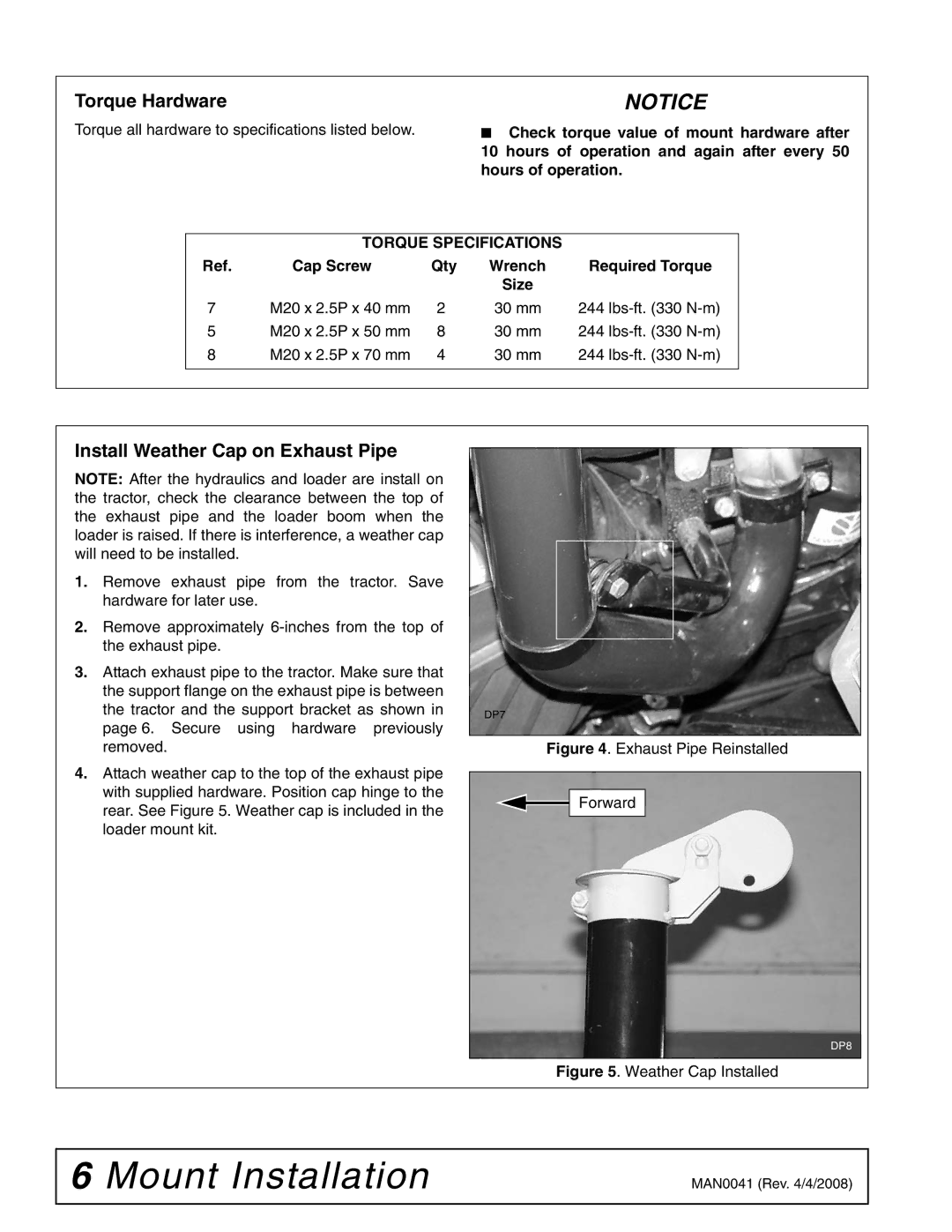 Woods Equipment LU126 installation manual Torque Hardware, Install Weather Cap on Exhaust Pipe 