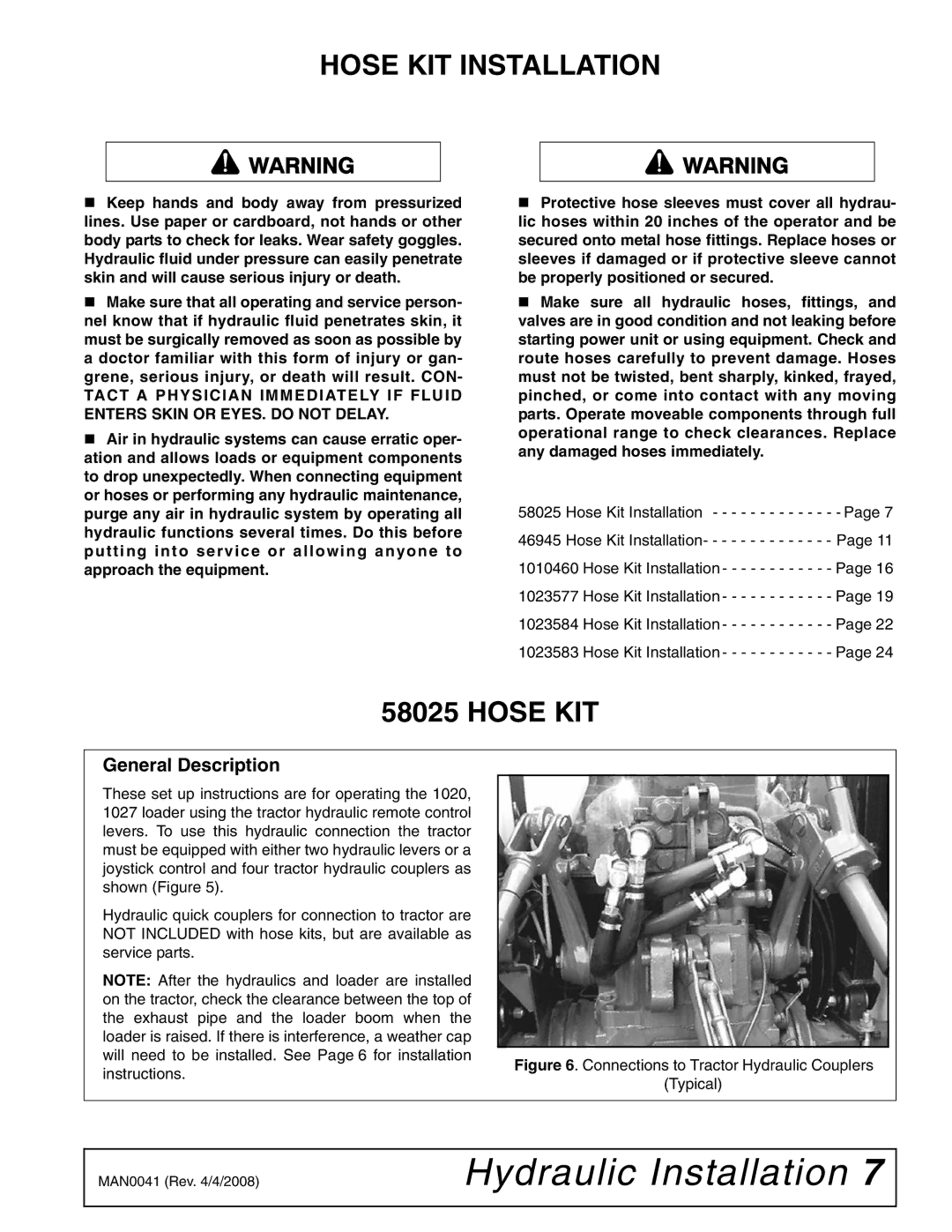 Woods Equipment LU126 installation manual Hydraulic Installation, Hose KIT Installation, General Description 