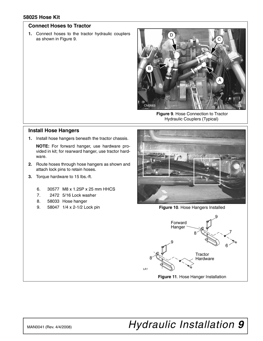 Woods Equipment LU126 installation manual Hose Kit Connect Hoses to Tractor, Install Hose Hangers 