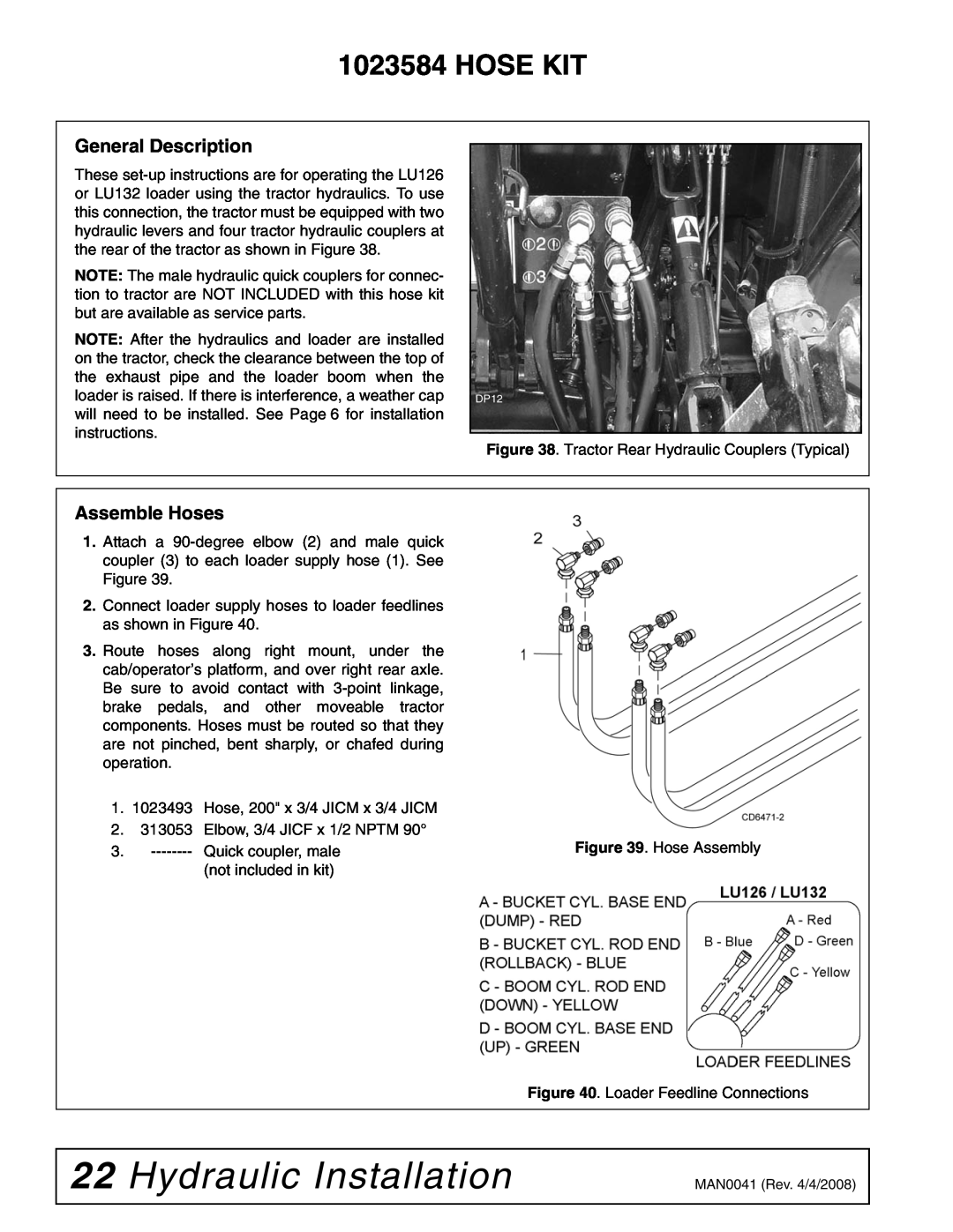 Woods Equipment LU126 installation manual Hydraulic Installation, Hose Kit, General Description, Assemble Hoses 