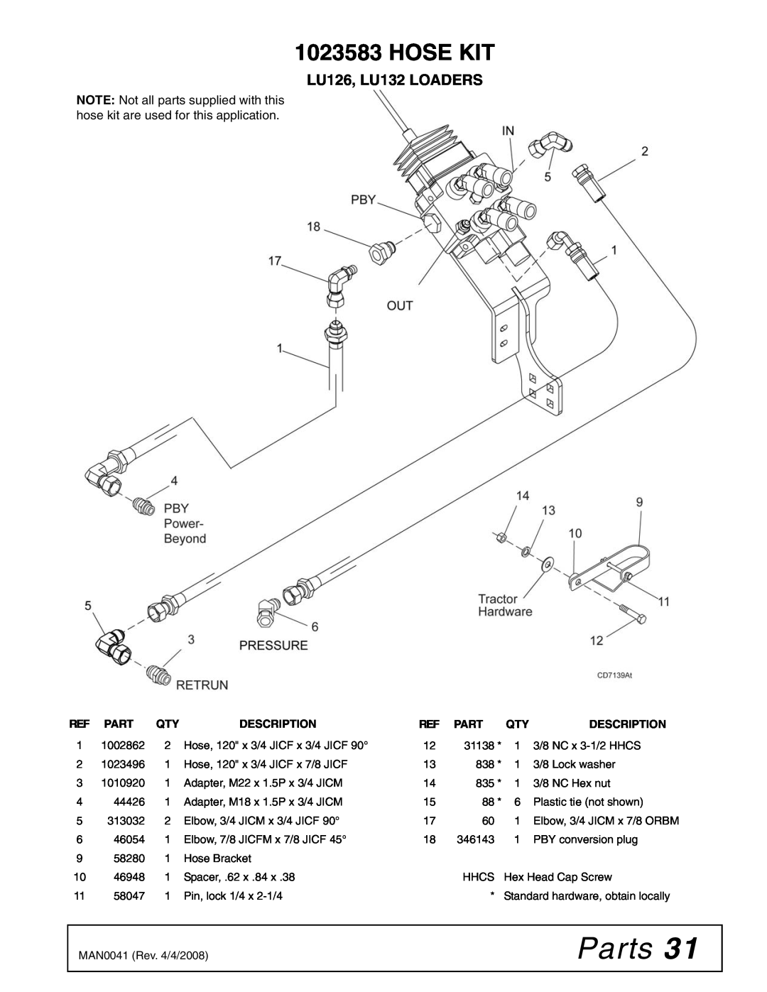 Woods Equipment installation manual Parts, Hose Kit, LU126, LU132 LOADERS, Description 