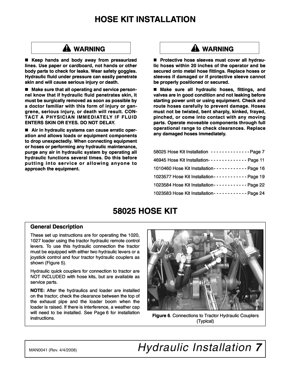 Woods Equipment LU126 installation manual Hydraulic Installation, Hose Kit Installation, General Description 