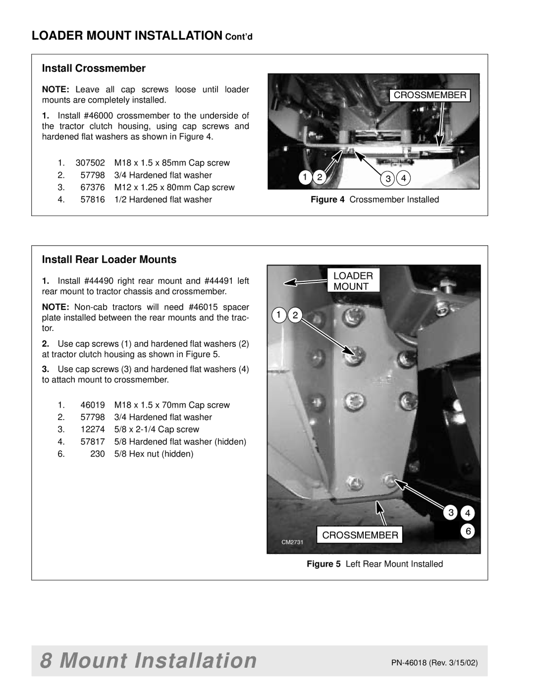 Woods Equipment M8200 manual Install Crossmember, Install Rear Loader Mounts 