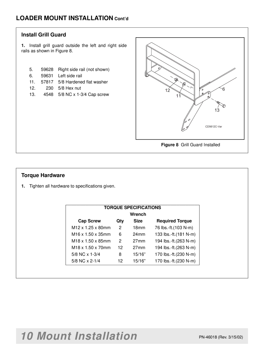 Woods Equipment M8200 manual Install Grill Guard, Torque Hardware 