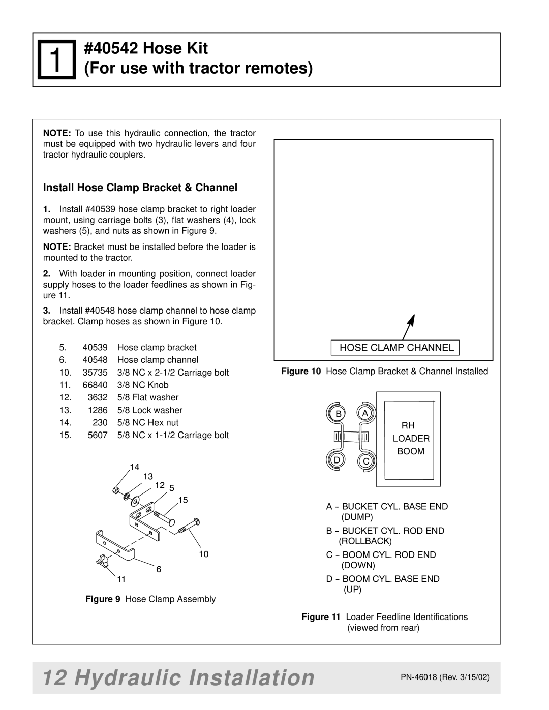 Woods Equipment M8200 manual #40542 Hose Kit For use with tractor remotes, Install Hose Clamp Bracket & Channel 