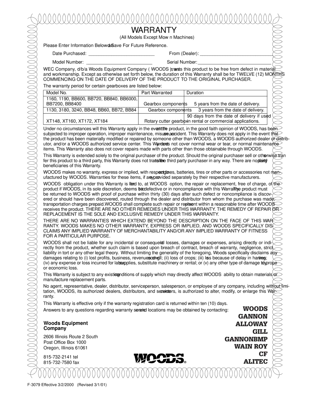 Woods Equipment M8200 manual Model No Part Warranted Duration 