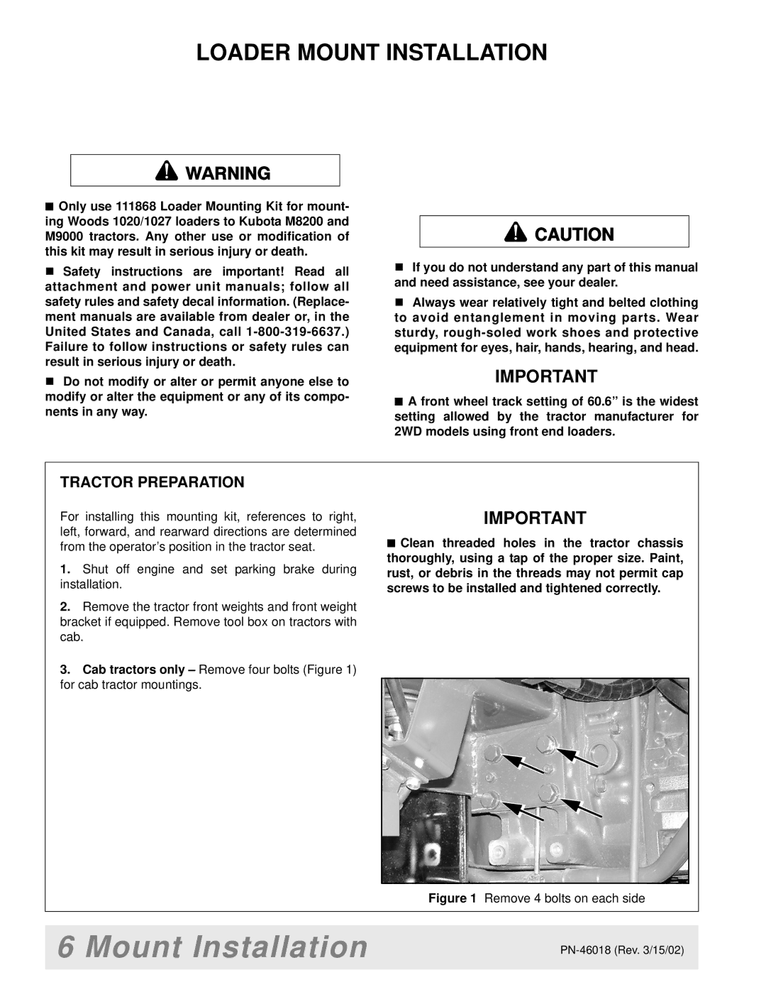 Woods Equipment M8200 manual Loader Mount Installation, Tractor Preparation 