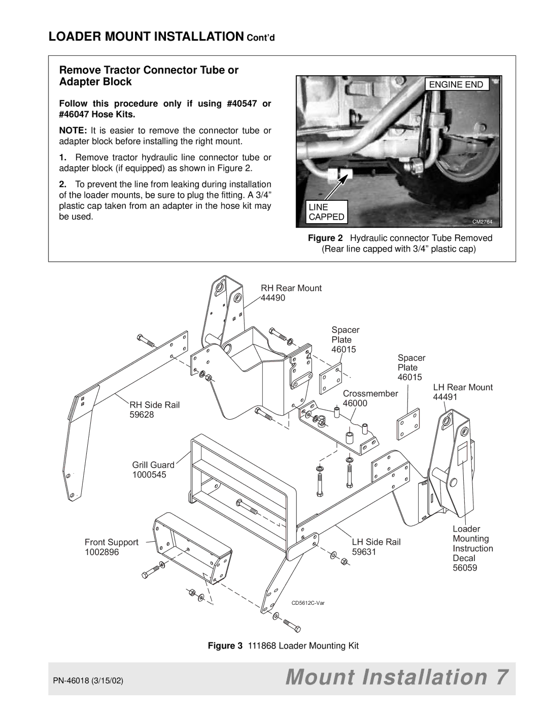 Woods Equipment M8200 manual Loader Mount Installation Cont’d, Remove Tractor Connector Tube or Adapter Block 