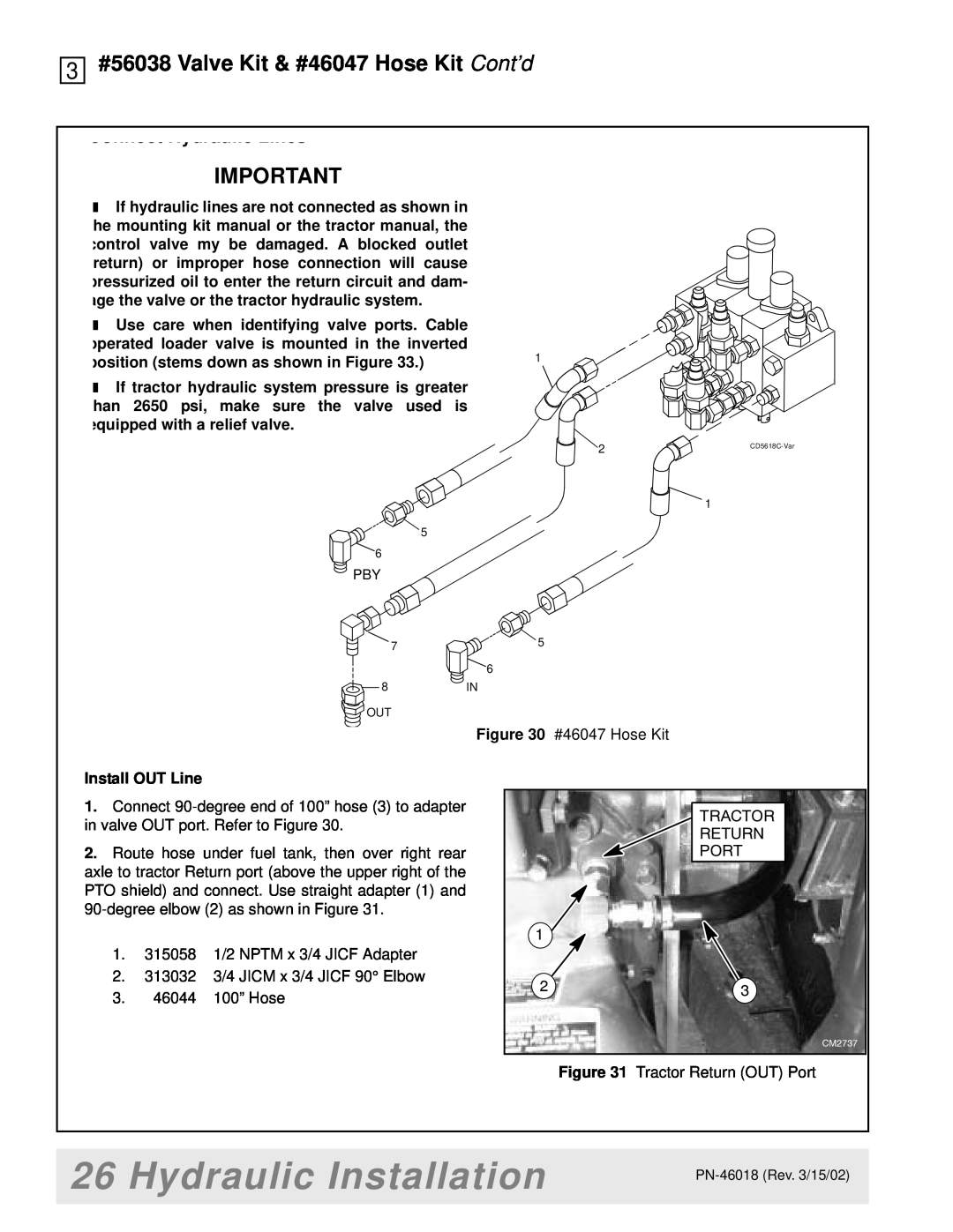 Woods Equipment M8200 manual Hydraulic Installation, #56038 Valve Kit & #46047 Hose Kit Cont’d 