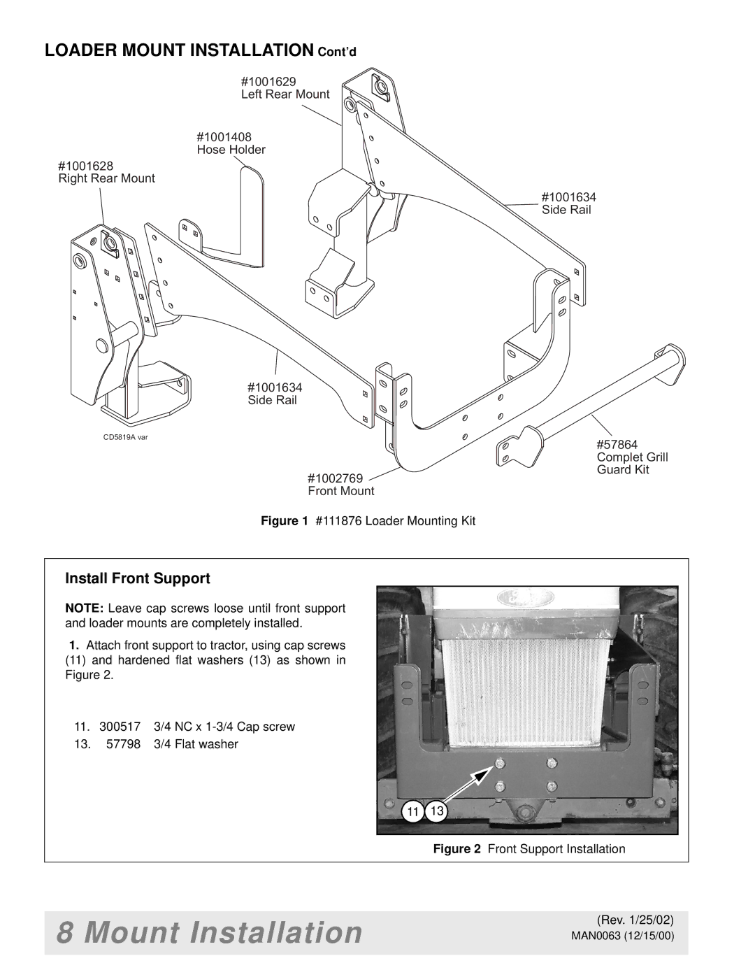 Woods Equipment MAN0063 manual Loader Mount Installation Cont’d, Install Front Support 