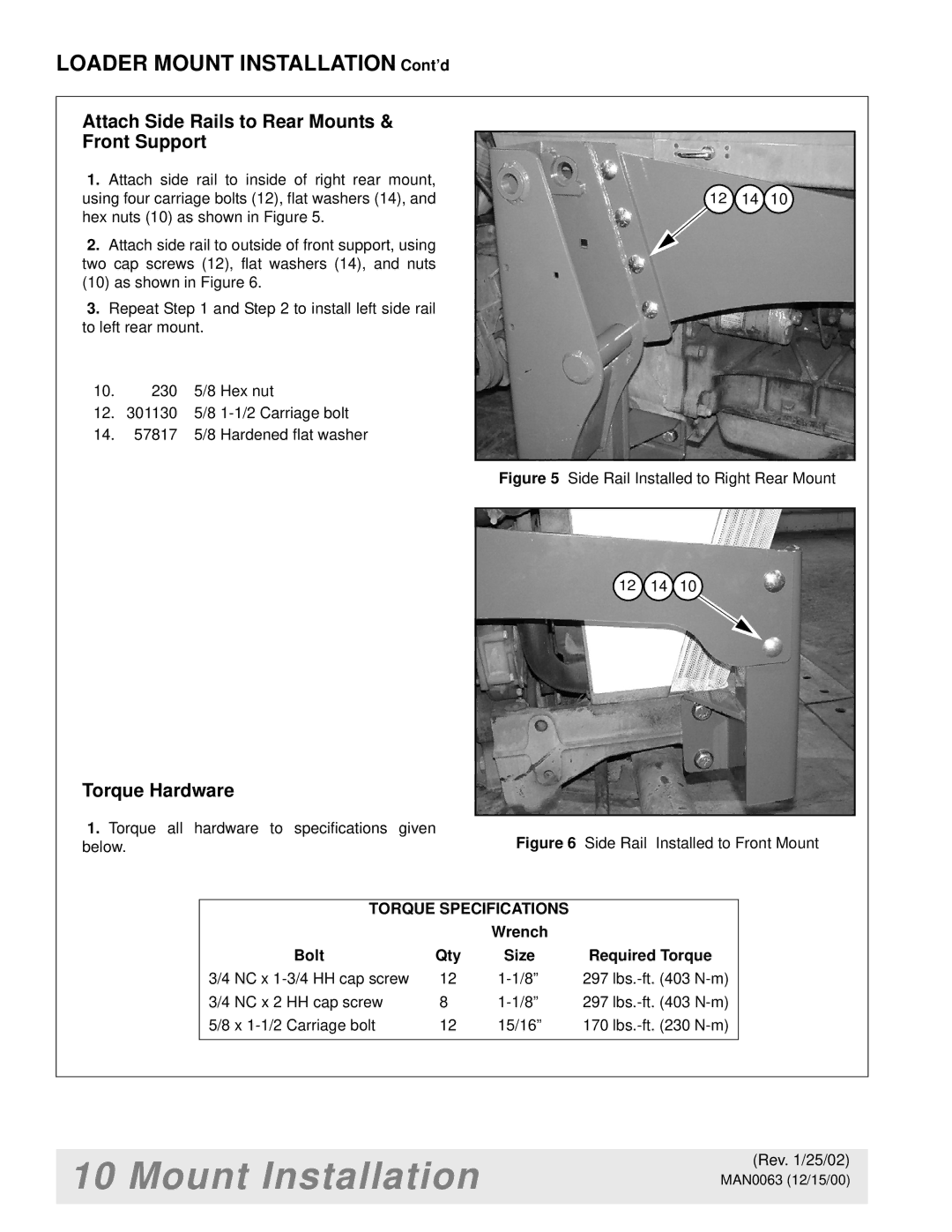 Woods Equipment MAN0063 manual Attach Side Rails to Rear Mounts & Front Support, Torque Hardware 