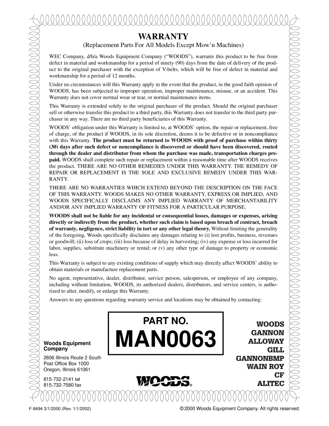 Woods Equipment MAN0063 manual Replacement Parts For All Models Except Mow’n Machines 