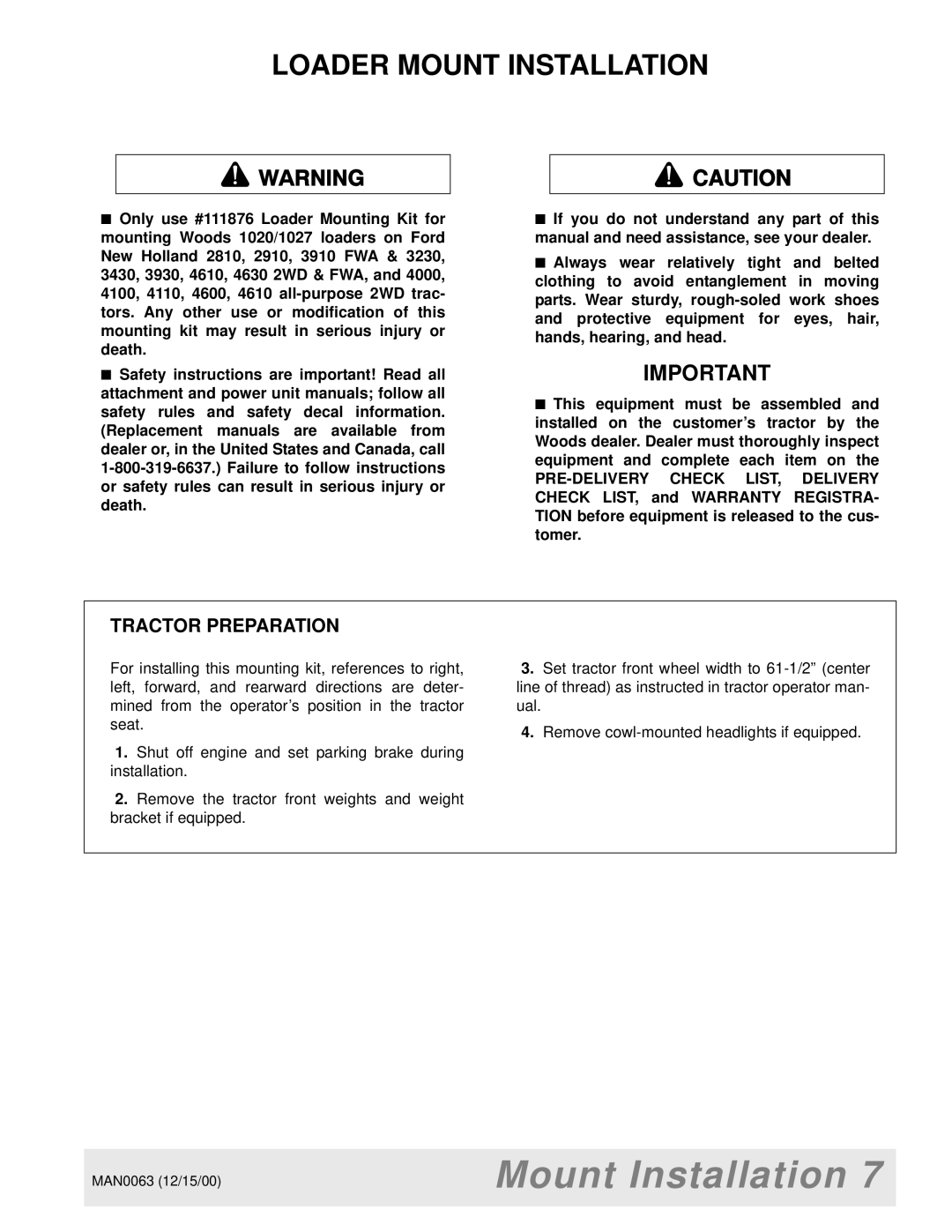 Woods Equipment MAN0063 manual Loader Mount Installation, Tractor Preparation 