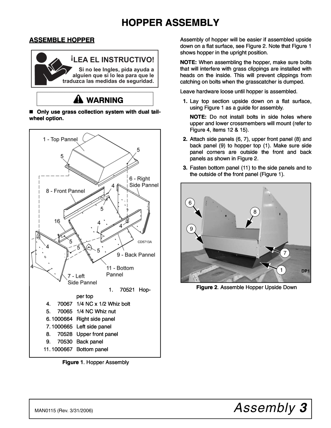 Woods Equipment MAN0115 installation manual Hopper Assembly, Assemble Hopper, Lea El Instructivo 