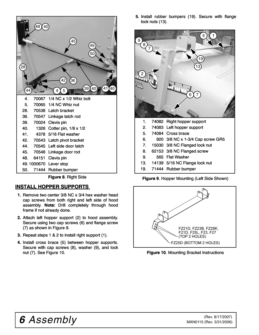 Woods Equipment MAN0115 installation manual 6Assembly, Install Hopper Supports 