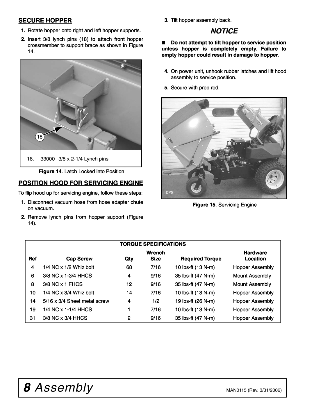 Woods Equipment MAN0115 Assembly, Secure Hopper, Position Hood For Servicing Engine, Torque Specifications, Wrench, Notice 