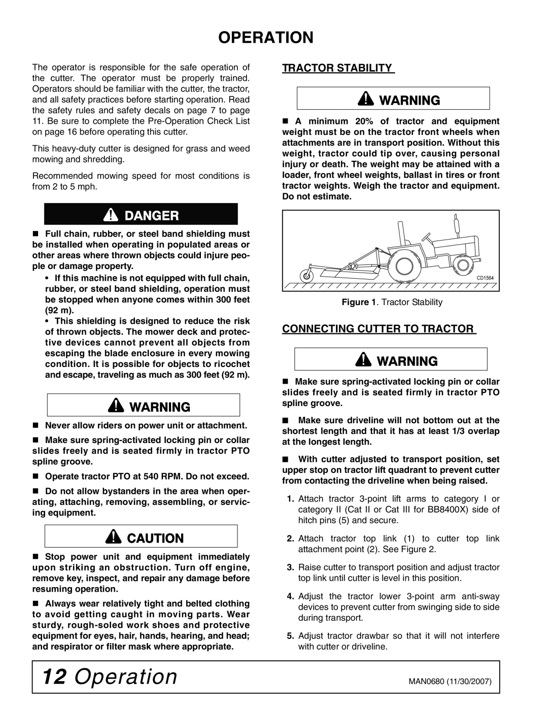 Woods Equipment MAN0680, BB7200X, BB8400X, BB6000X manual Operation, Tractor Stability, Connecting Cutter to Tractor 