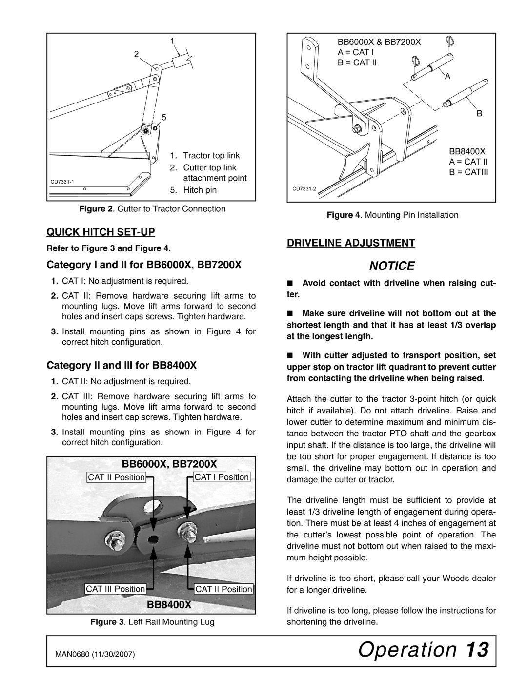 Woods Equipment BB7200X, MAN0680, BB8400X, BB6000X manual Quick Hitch SET-UP, Driveline Adjustment 