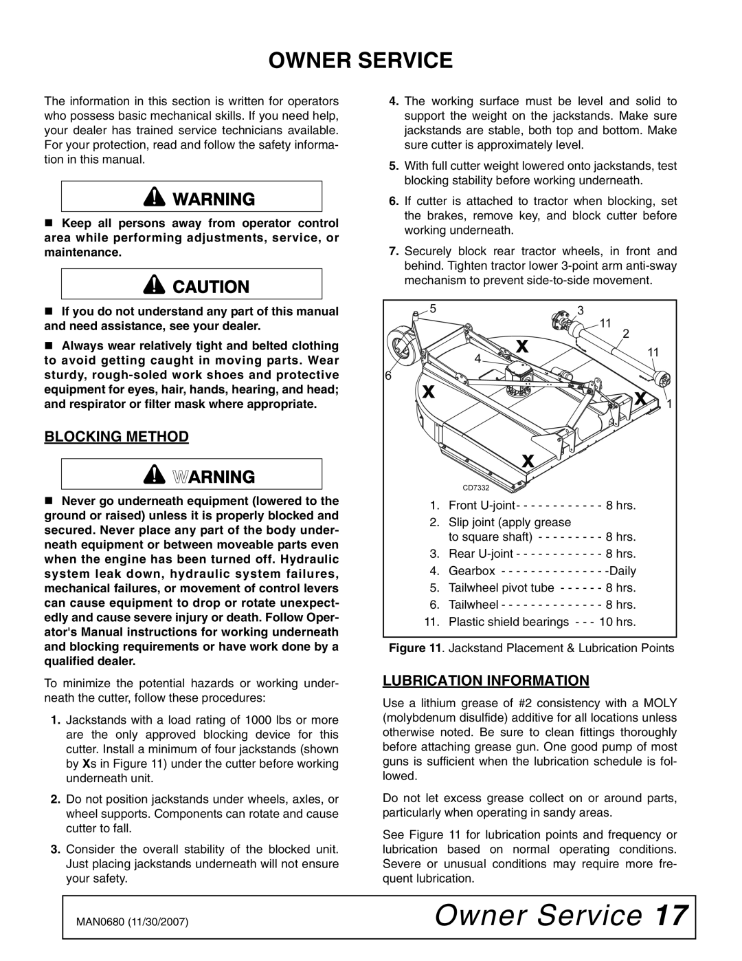 Woods Equipment BB7200X, MAN0680, BB8400X, BB6000X manual Owner Service, Blocking Method, Lubrication Information 