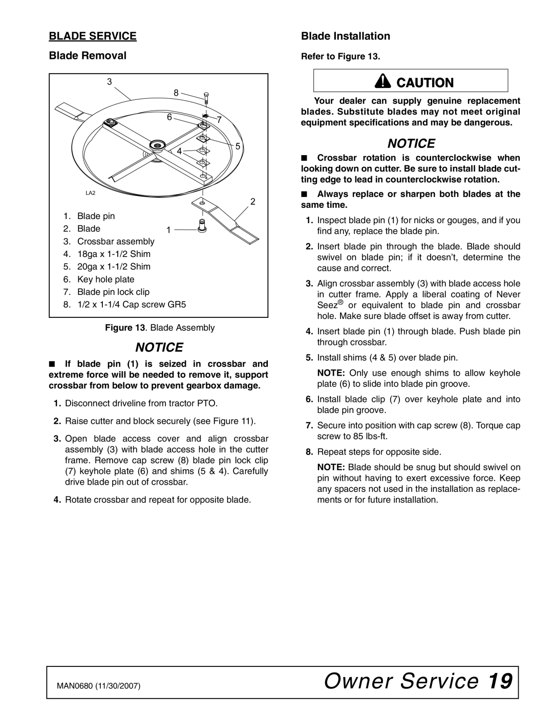 Woods Equipment BB6000X, MAN0680, BB7200X, BB8400X manual Blade Service, Blade Removal, Blade Installation 