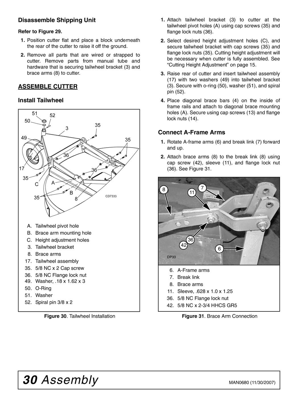 Woods Equipment BB8400X, MAN0680 manual Disassemble Shipping Unit, Assemble Cutter, Install Tailwheel, Connect A-Frame Arms 